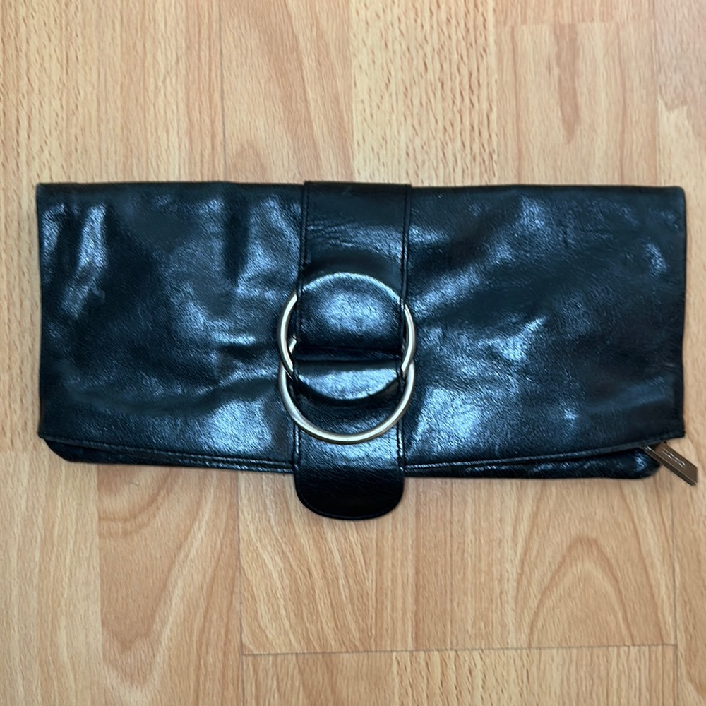HOBO International Black Leather Silver accents, Fold-over Clutch